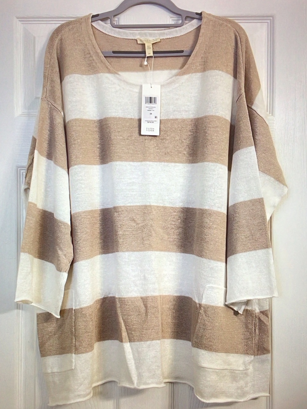 Eileen Fisher Cream and Tan Wide-Stripe Lightweight Knit Pullover